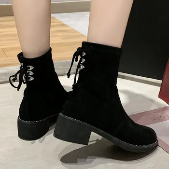 

Size 35-50 Nice New Soft Ankle Boots Women Autumn Back Lace Up Fashion Shoes Woman Med Heels Female Mature Brand Footwear