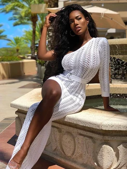 

One Shoulder Crochet Beach Dress Hollow Out Women Tunic See-through Sexy Size Mesh Bodycon Dress Knited Vacation Dress