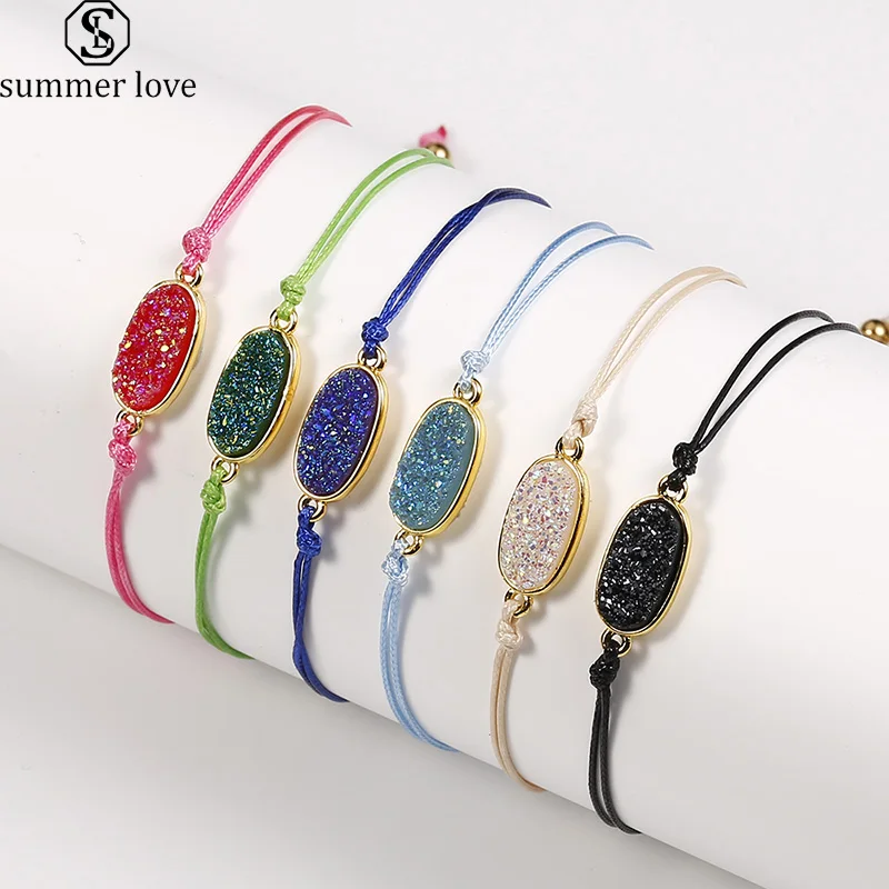 Never Fade Gold Edging Resin Druzy Charm Bracelet Simple Wax String Woven Bracelets for Women Accessories Jewelry Pulseras Mujer | Украшения