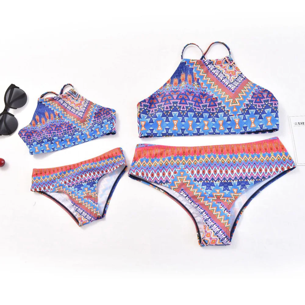 Пляжная одежда из полиэстера в народном стиле; купальный костюм для родителей и детей; дышащий купальный костюм для девочек; эластичный купальник
