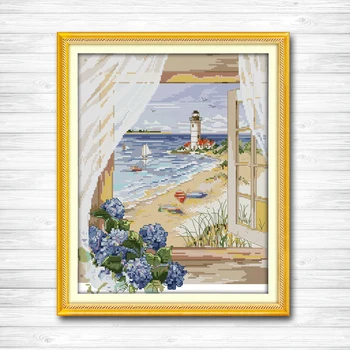 

Sea view outside the window beach flowers Counted print on canvas DMC 14CT 11CT Cross Stitch Needlework kits Embroidery Sets DMS