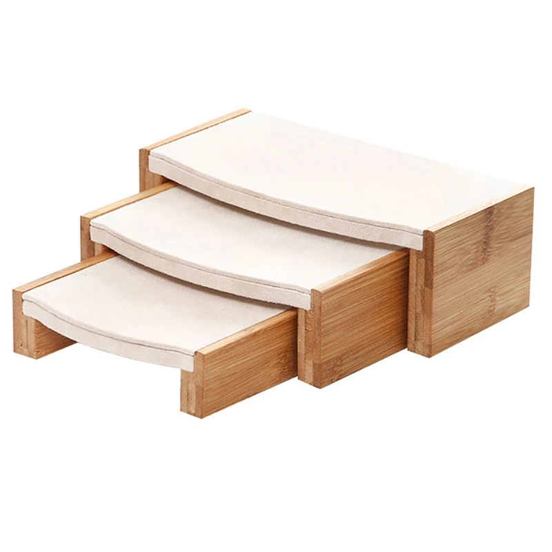 

Bamboo Wood Necklace Ring Jewelry Jade Counter Display Stool 3 Pieces Suit High & Low Cabinet Jewelry Display Stand Rack
