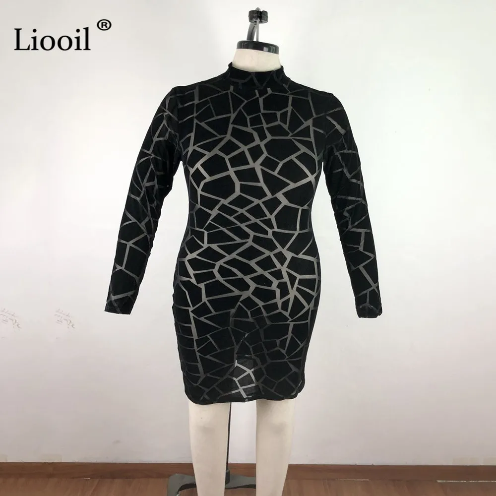 Liooil размера плюс прозрачное Сетчатое облегающее платье миди с геометрическим принтом Женская Сексуальная Клубная одежда с длинным рукавом и круглым вырезом черное платье для ночного клуба