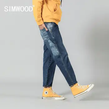

SIMWOOD 2020 Spring New Patchwork Jeans Men Fashion Hip Hop loose taper ankle-length contrast color dark washed denim trousers