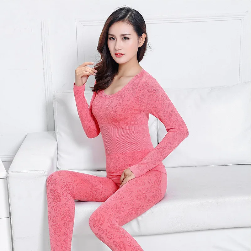 Розовый Elegant Butterfly Pattern Lace Modal Thermal Underwear For Women Basic Thin Slim Winter Long Johns Female Second Skin Nightgown - Цвет: Розовый