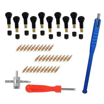 

43pcs/set Tire Repair Tools Brass Valve Cores+TR412 Snap-in Rubber Valve Stems+Core Remover+Stem Puller Installer+4 Way Tool