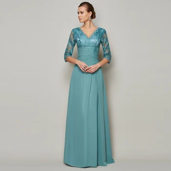 

On Sale Charming Blue Lace Three Quarter Sleeves Mother of the Bride Dresses V Neckline Pleating Waist Wedding Guest Dress