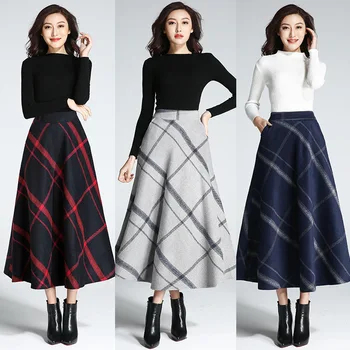 

women skirts 2019 autumn winter plus size long length flared GREY navy wine window plaid A line office casual sexy skirt