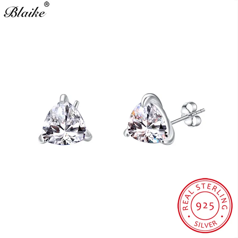 Silver White 925 пробы серебряные серьги, геометрические треугольные серьги-гвоздики для женщин, маленькие белые синие сапфировые циркониевые свадебные серьги, ювелирные изделия - Цвет камня: Silver White
