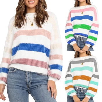 

Echoine Women knitted sweater Autumn winter long-sleeved shirt ladies round neck pullover color matching clothes female jumper