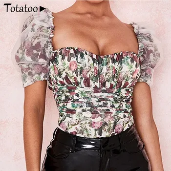

Totatoop Women Square Neck Elegant Vintage Floral Print Mesh Jumpsuit Women 2020 Summer Puff Sleeve Ruched Body Tops Bodysuit