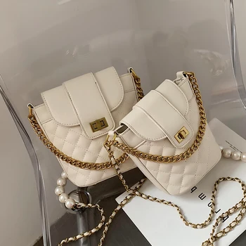 

Lattice Tote Bucket bag 2020 Fashion New High quality PU Leather Women's Designer Handbag Pearl Chain Shoulder Messenger Bag
