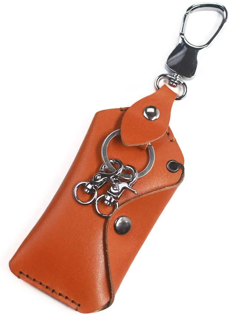 Easyant universal leather key chain protective cover with transparent windows car key bag hook key chain Brown