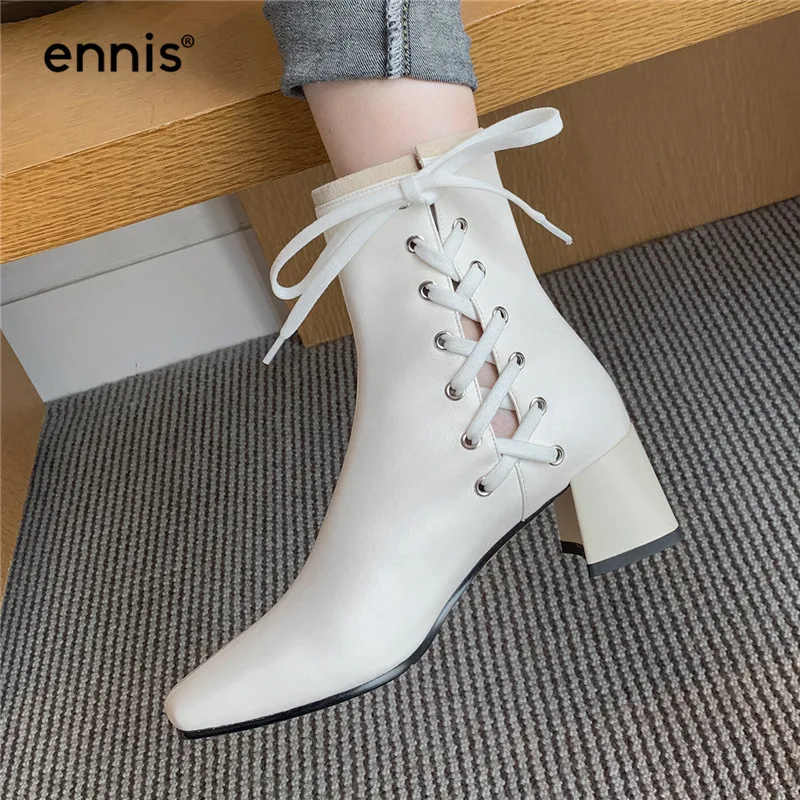 

ENNIS Autumn Winter Women Lace Up Boots Square Toe Chunky Ankle Boots White Thick Heel Genuine Leather Boots Black Shoes A0060