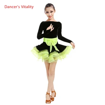 

Adult Child Latin dance costume long sleeves Velvet latin dance dress for Adult children latin dance competition dresses S-4XL