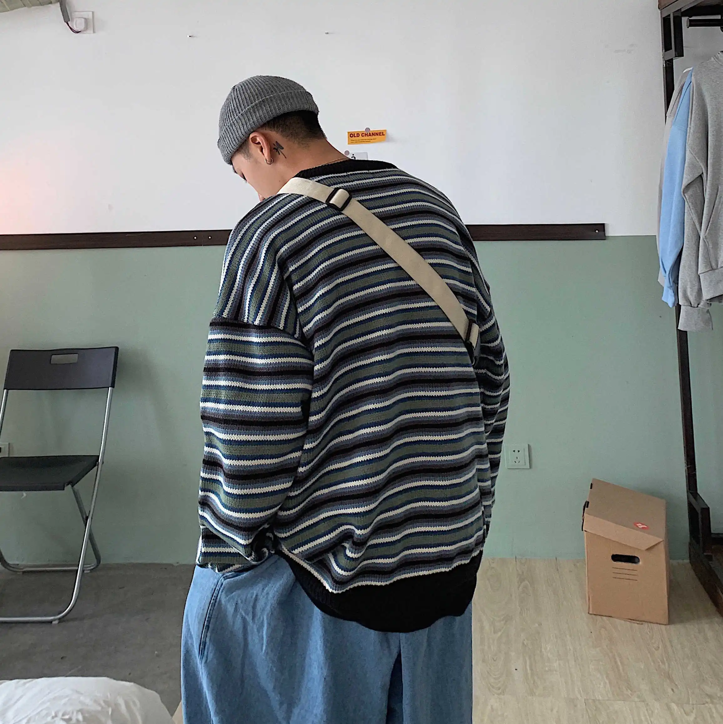 Зимние мужские шерстяные свитера в полоску с цветным принтом, Повседневный пуловер, теплые пальто с круглым вырезом, кашемировые вязаные свитера, размер M-XL