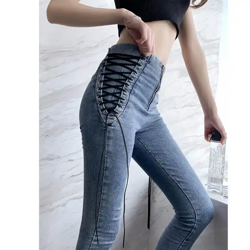 lace up side high waisted jeans