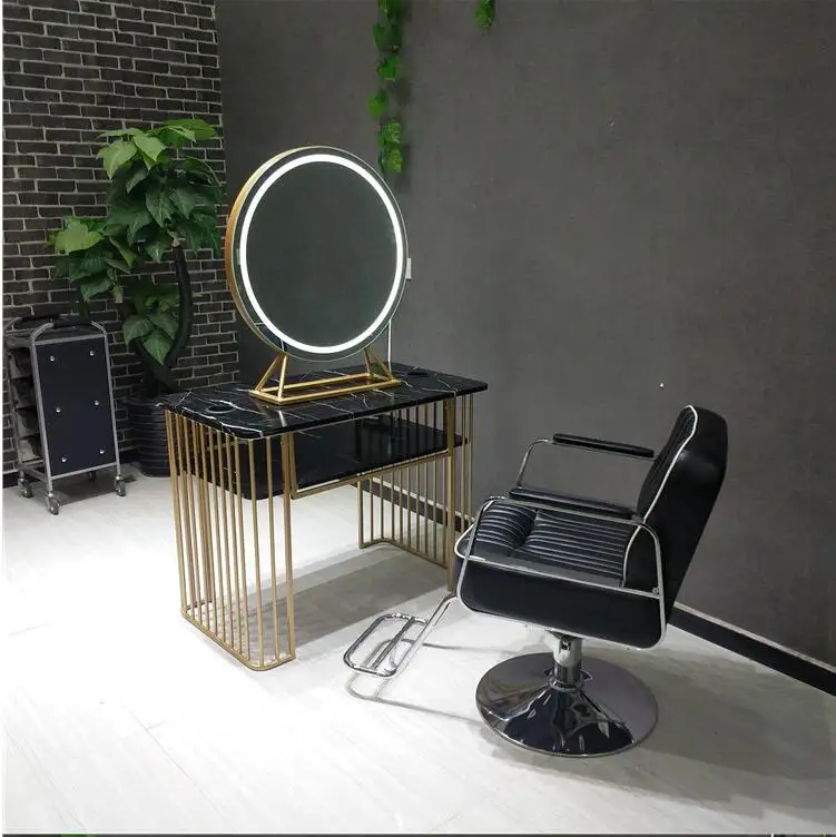 Barber shop mirror simple high-end hair salon with light hairdressing mirror stainless steel European table studio makeup