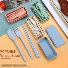 Spoon Fork Chopsticks Set Wheat Straw Dinnerware 4PCS/Set Lunch Tableware Detachable Cutlery Portable Travel Kitchen Accessories