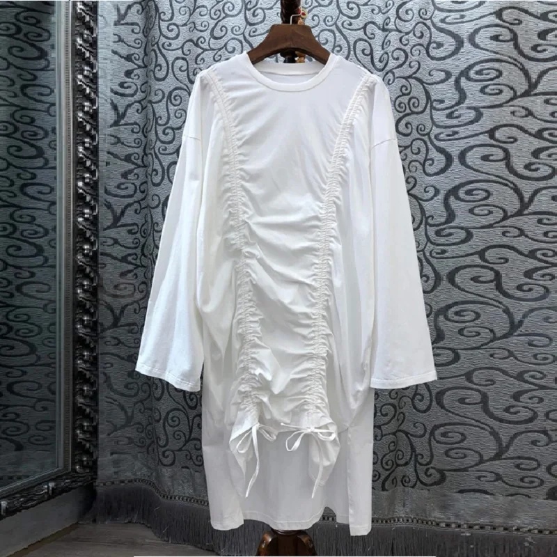 

100%Cotton Dress 2019 Autumn Fashion Women Drawstring Style Long Sleeve Casual Loose White Yellow Dress Clothing Sexy Ladies