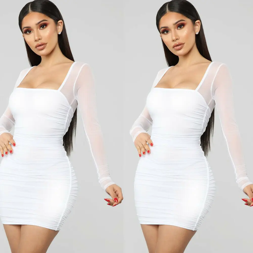 

New Women Prom Evening Party Summer Beach Mini Dress Casual Mesh Sheer See Through Long Sleeve Bandage Sundress
