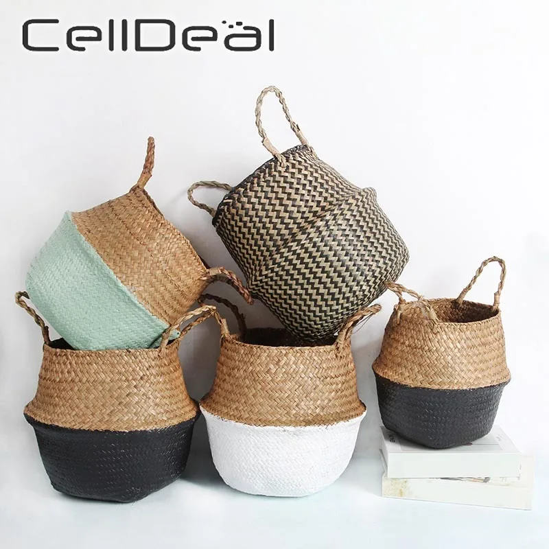 

Vintage Style Foldable Handmade Wickerwork Storage Basket Hanging Decorative Basket Garden Flower Pot Seagrass Laundry Basket