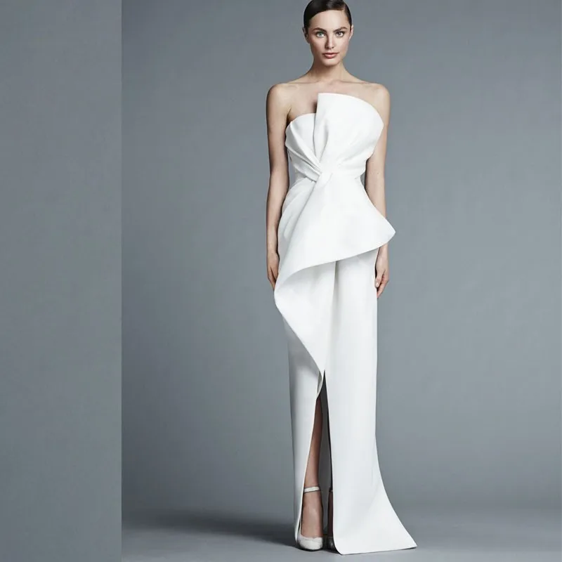 

Elegant Strapless Long Evening Dresses 2019 White Sleeveless Prom Gowns Satin Ruched Ruffles Sweep Train