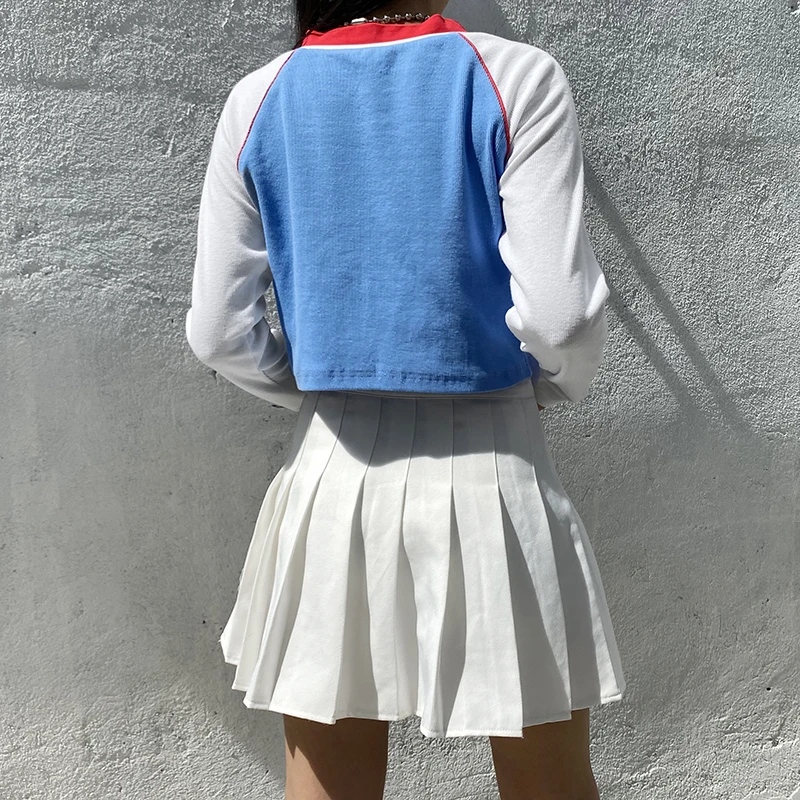 IAMSURE Autumn Patchwork Long Sleeve Skinny Blouse For Women Korean Streetwear Fashion Contrast Color Female Crop Tops Shirts