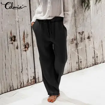 

S-5XL Celmia Women Vintage Linen Pants Summer Fashion Trousers Casual Elastic Waist Pantalon Female Harem Pants Oversized Mujer