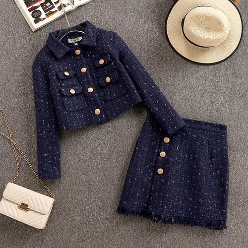 Dark Blue Новая осенняя одежда женский маленький аромат грубая твидовая куртка+ короткая юбка на пуговицах костюм из двух предметов женский шерстяной комплект с юбкой - Цвет: Dark Blue