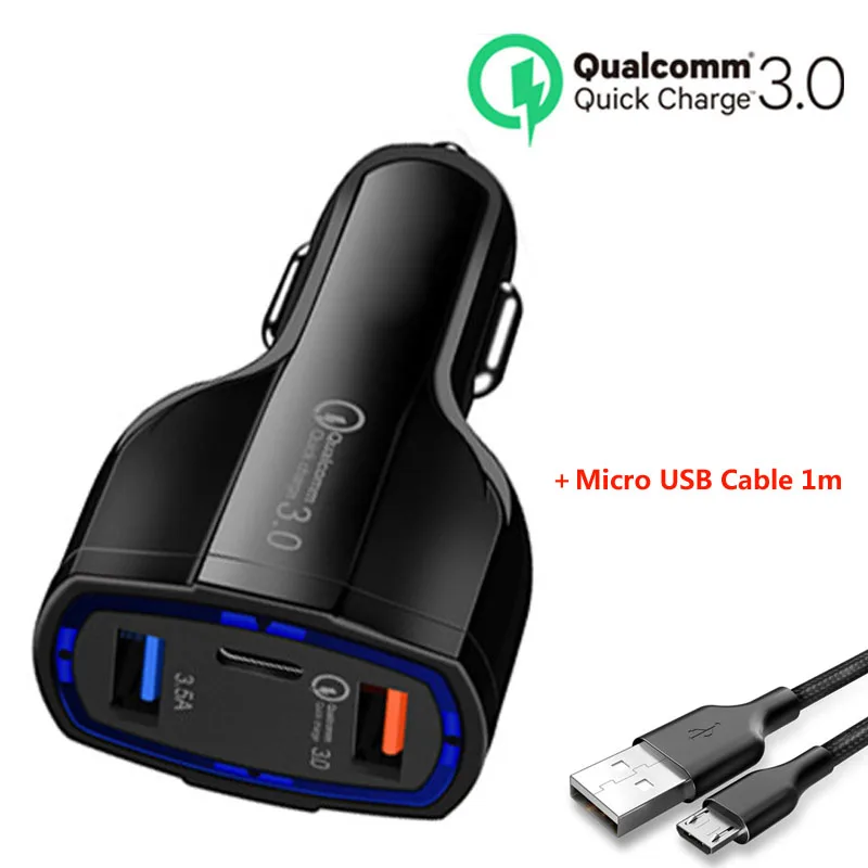 Black Micro Cable 3 порта Quick Charge 3,0 Автомобильное зарядное устройство 3.5A USB зарядное устройство для iPhone samsung LG мобильных телефонов планшетов автомобильное зарядное устройство - Тип штекера: Black Micro Cable