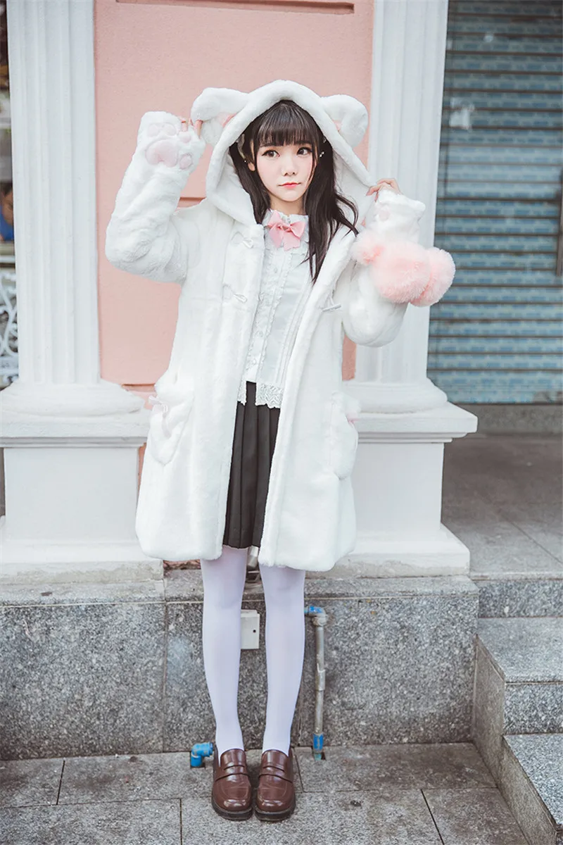 Lady Girls Lolita Hooded Coat Jackets Faux Fur Cat Ear Kawaii Sweat Winter Sleep Lady Girls Lolita Hooded Coat Jackets Faux Fur Cat Ear Kawaii Sweat Winter Sleep