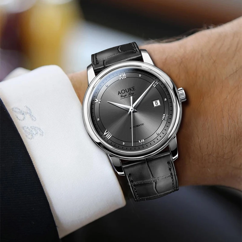  AOUKE men watch automatic self wind watches mechanical luxury wristwatches leather band reloj class