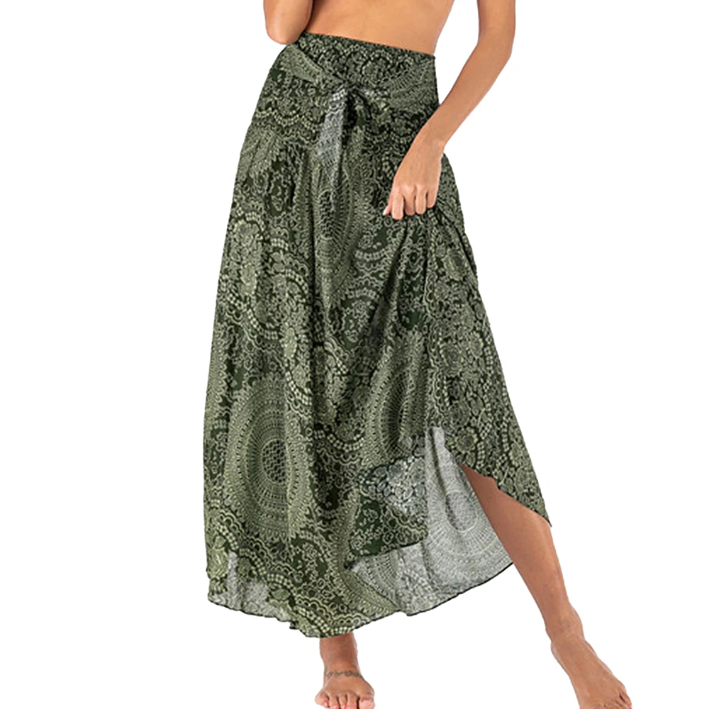 

Laamei Spring Hot Sale Skirts Womens Boho Vintage Floral Skirt Fashion Ladies Tie Up Waist Summer Beach Wrap Loose Maxi Skirt