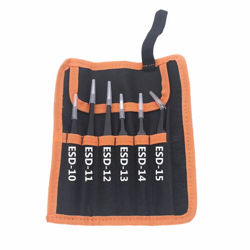 6Pcs With Bag Urijk 6/10 шт набор пинцетов набор инструментов для ESD точность Антистатические наконечник изогнутый прямой Нержавеющая сталь щипцы кусачки для ремонта инструмент - Тип головки пинцета: 6Pcs With Bag