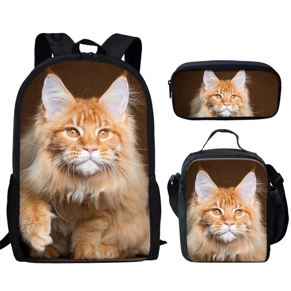 Cute Women School Backpack Set Lovely Maine Coon Cat 3D Printing Backpacks Black Schoolbags Bookbag Super Waterproof
