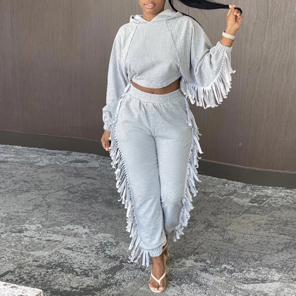 

Sexy Women Loose Casual Tassel Two Piece Sets Pullover Hooded Short Hoodie Top Plain Pencil Pants Sport Fashion Young Female