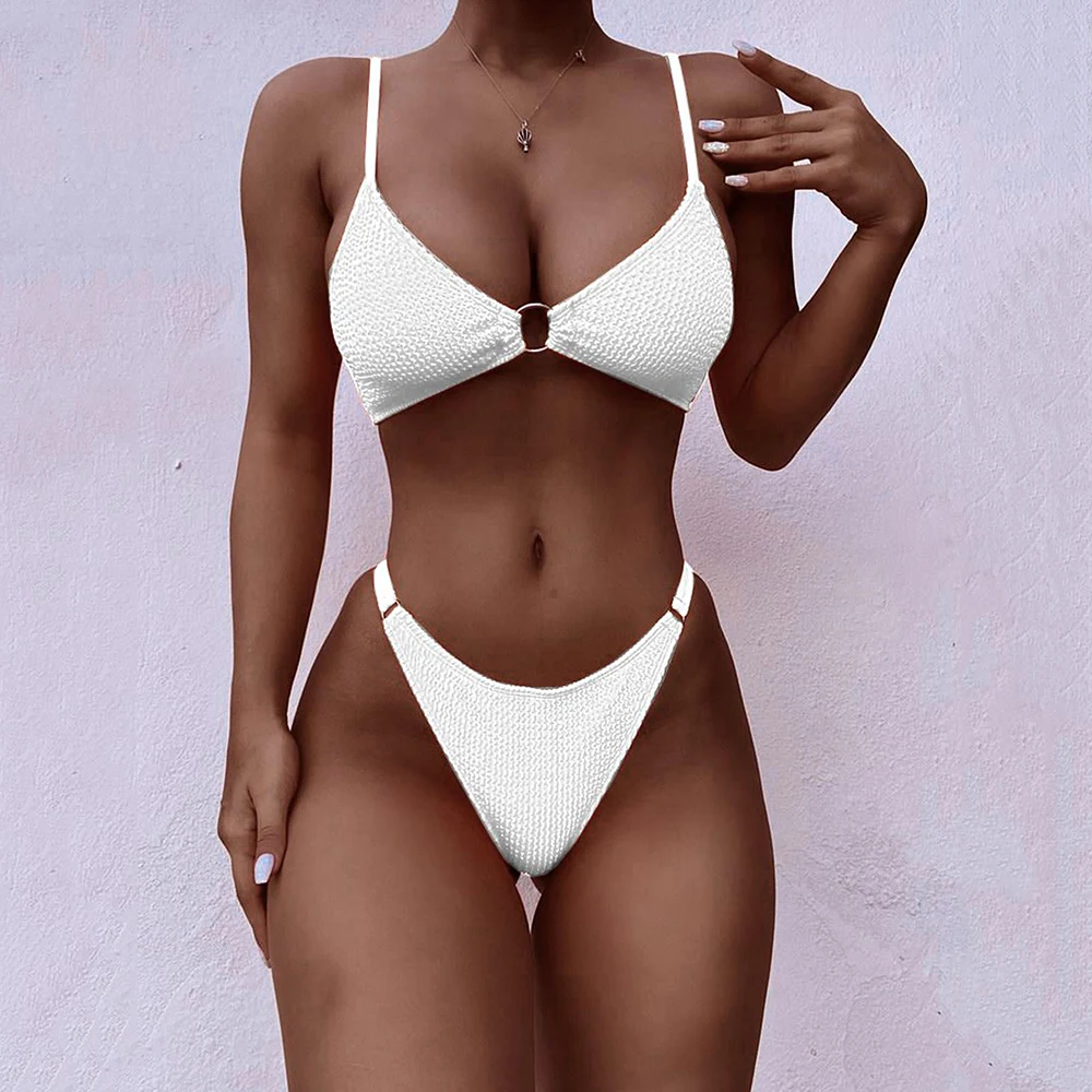 

Metal Circle Splicing Bikini 2021 New Sexy Ribbed Swimwear Women Swimsuit Female Two Pieces Bikini Set Bather Bathing Suit Beach