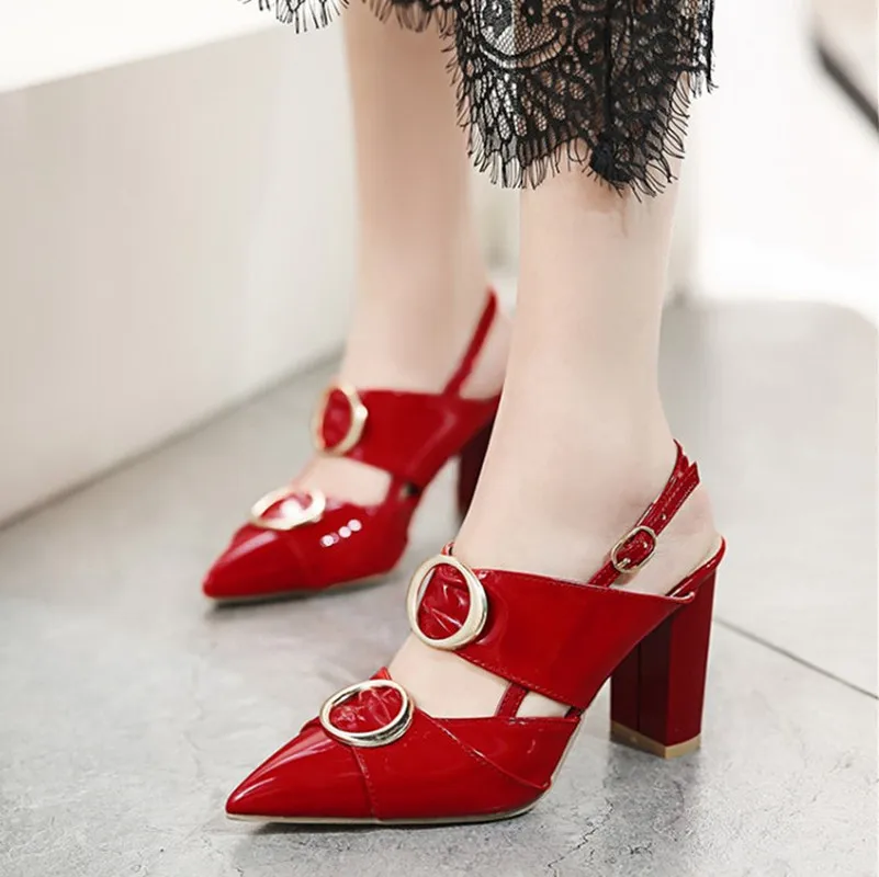 

US4-12 Vintage Womens Patent Leather Metal Earrings Decor Block Heels Pointed Toe Slingback Buckle Pumps Shoes Plus Size B66
