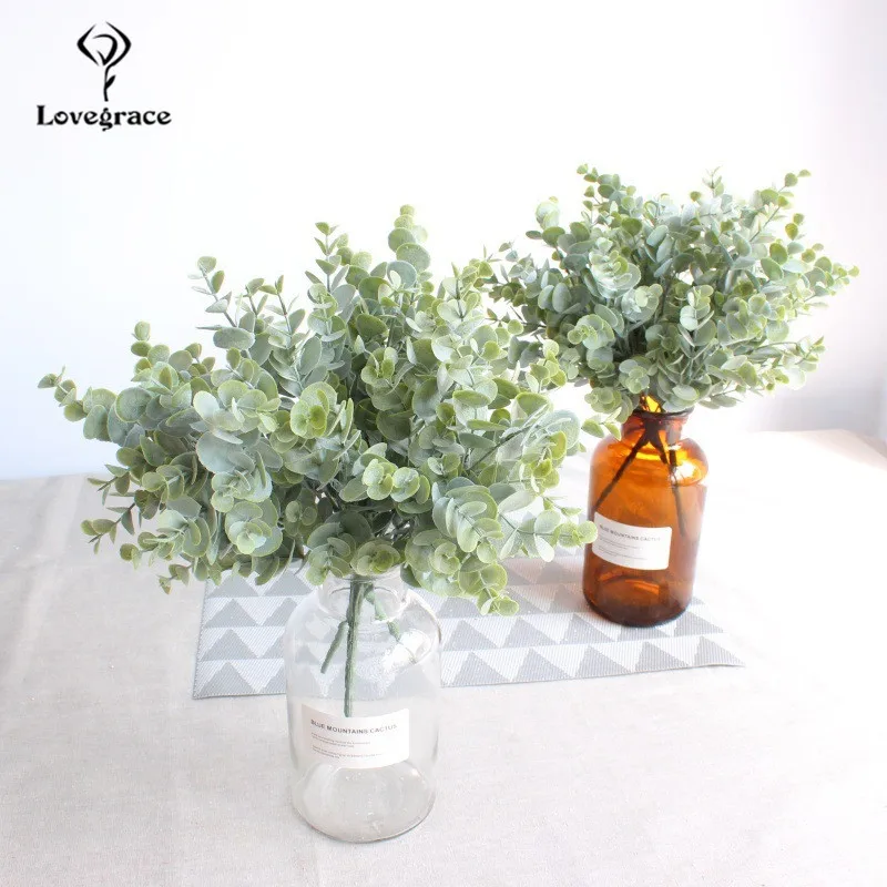 

Artificial Plastic Plants Leaves Tree White Green Eucalyptus Branch Bouquet for Garden Wedding Decoration Faux Fake Foliage
