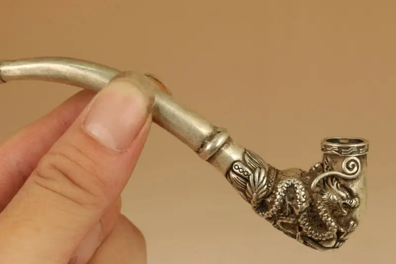 Rare Tibet Silver Copper Smoking Tool Statue Old Sacred Opening Dragon Head Pipe | Дом и сад