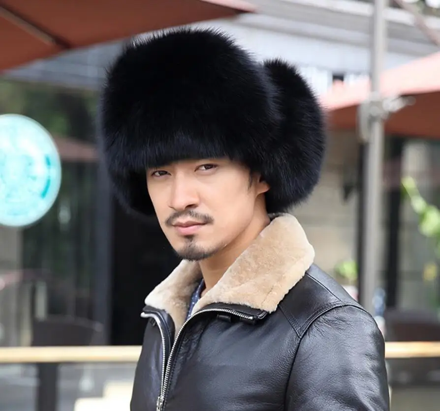 Black Fox Fur Мужские шапки-бомберы, зимняя теплая русская ушанка, шапка с ушками, Натуральная овечья кожа, топ из натурального меха, бейсболка для мужчин для папы - Цвет: Black Fox Fur