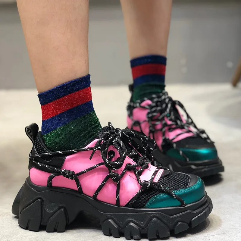 

KJZTSF women shoes Genuine Leather platform sneakers 2019Autumn New Fashion Cross strap dad shoes Female Breathable casual shoes