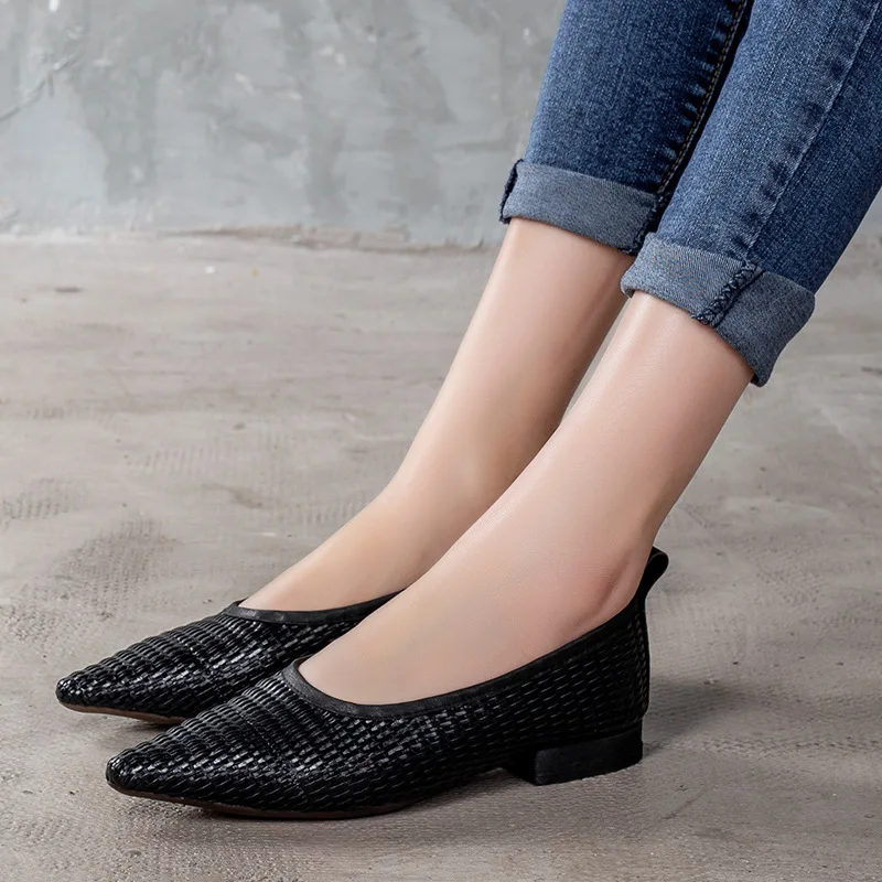 

Tenige Weaving Women's Genuine Leather Single Female Pointed 2020 Summer Cowhide Flat Bottom Low Help Shoes Work