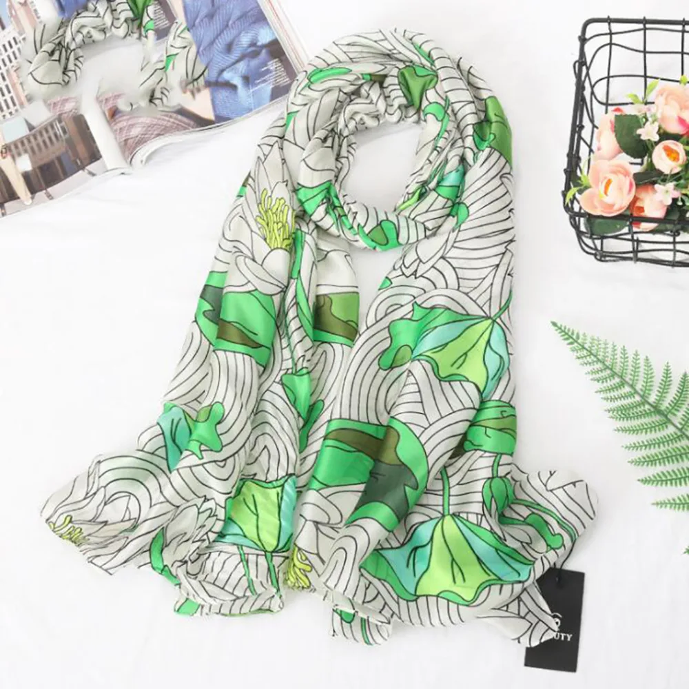 

2019 Hot Scarf Women Multifunction Spring Summer Fashion Shawl Green Leaf Lotus Soft Lady Kerchief Beach Sunscreen Shawls