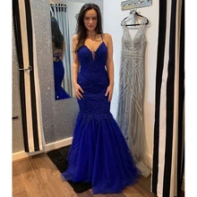 Королевское голубое платье русалки для выпускного вечера, кружевные аппликации на тонких бретельках, длина до пола, вечерние платья размера плюс, красное ковровое платье CP363