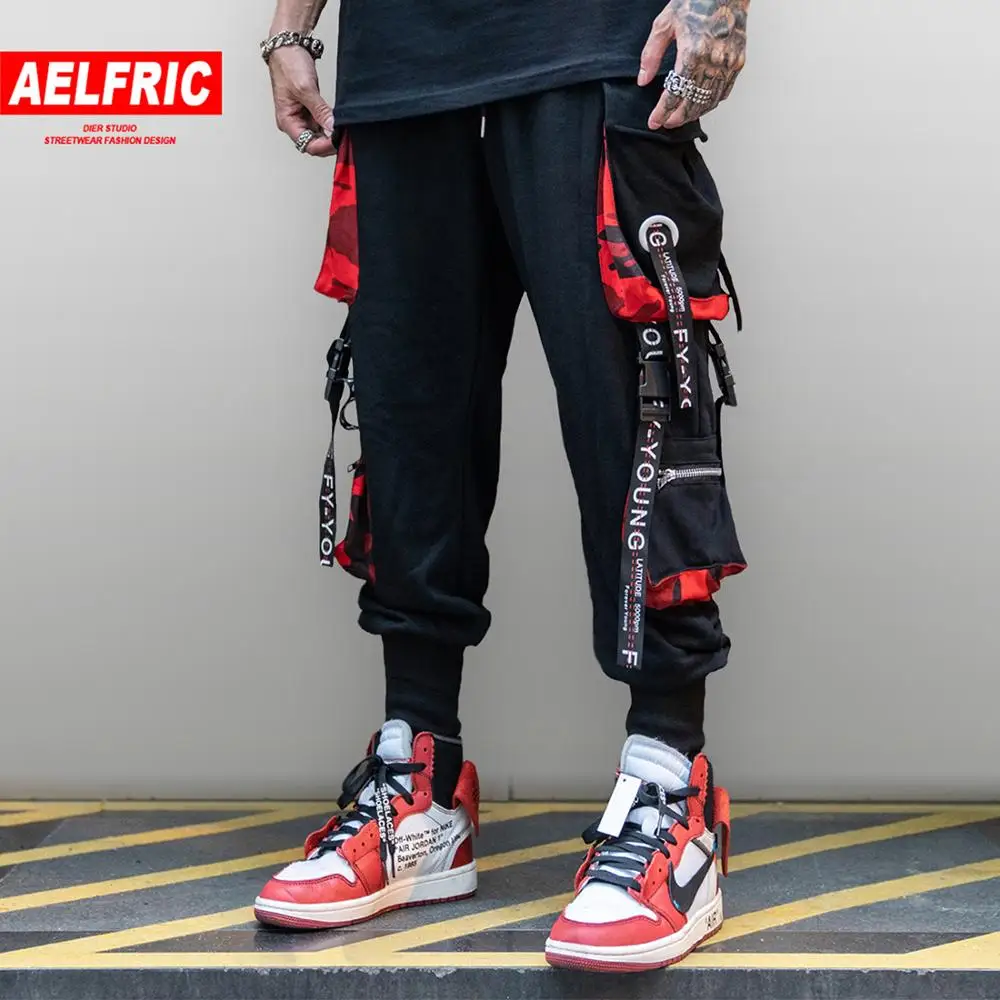 

AELFRIC Multi Pockets Ribbons Mens Cargo Pants Hip Hop Harajuku Streetwear Patchwork Elastic Waist Casual Joggers Track Trousers