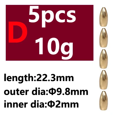 5pcs D type 10g 5pcs Saltwater Fishing Bullet Shape Copper Weights Metal Jig Head Deep Water Sinkers For Hook Lure Texas Rig Tackle Accessories - Цвет: 5pcs D type 10g