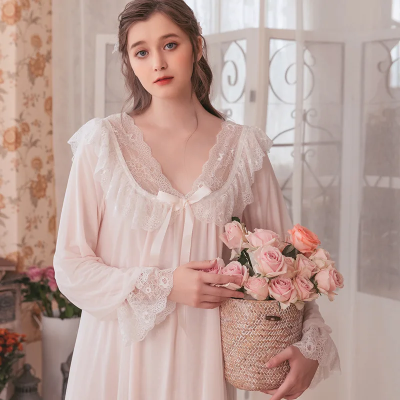 Весенне-осенние женские ночные рубашки, кружевное Длинное ночное белье, сексуальное женское винтажное Ночное платье принцессы с глубоким v-образным вырезом, домашняя одежда без рукавов