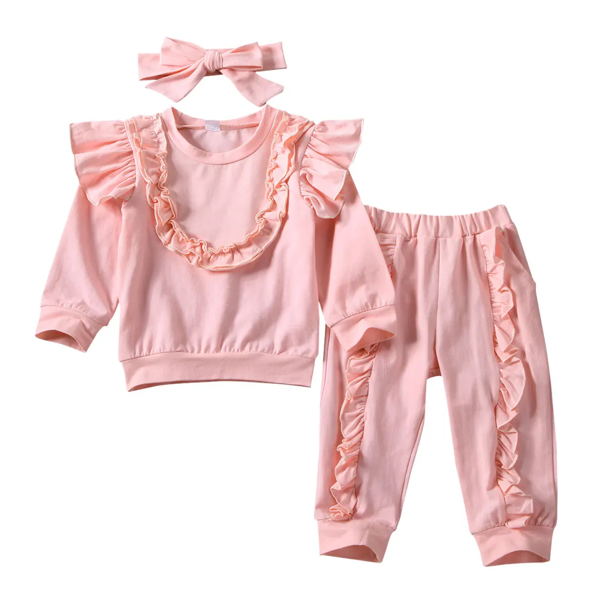 От 1 до 5 лет комплекты одежды для маленьких девочек Однотонная футболка с длинными рукавами и оборками и штаны, комплект одежды, повязка на голову - Цвет: Розовый
